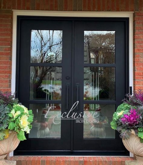 French Door Exterior Entrance, Double Iron Doors Entrance Front Entry, French Country Front Door Ideas, Black Double Doors Entrance, French Doors Exterior Entrance, Modern Double Doors Entrance, Transitional Front Door, Transitional Entryway Ideas, Double Glass Entry Doors