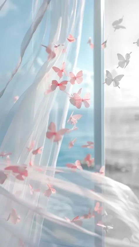 Full Color Image in ai-img-gen.com 🔸 A white window with light pink butterflies flyingout of it, looking at the sea outside the glass,whi... 🔸 From Midjourney AI Image Pink Blue And White Aesthetic, Aesthetic Light Pink, Airy Aesthetic, Butterfly Cute, Butterfly Aesthetic, Iphone Wallpaper Video, White Window, White Sheer Curtains, Pink Sea