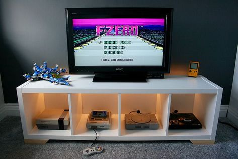 5 easy ways to create a unique KALLAX TV Stand - IKEA Hackers Console Display, Kallax Shelf Unit, Kallax Shelving Unit, Retro Games Room, Retro Console, Retro Games Console, Video Game Rooms, Ikea Hackers, Console Storage