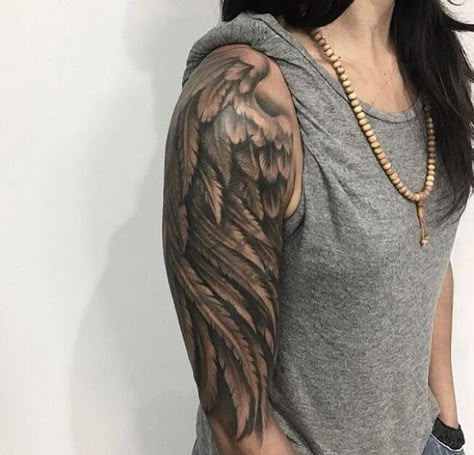 Cover Arm Tattoo, Angel Wings Tattoo Shoulder, Wing Tattoo Arm, Wing Neck Tattoo, Wings Of Angels, Beautiful Angel Tattoos, Wing Tattoos On Back, Wing Tattoo Designs, Angel Wings Tattoo