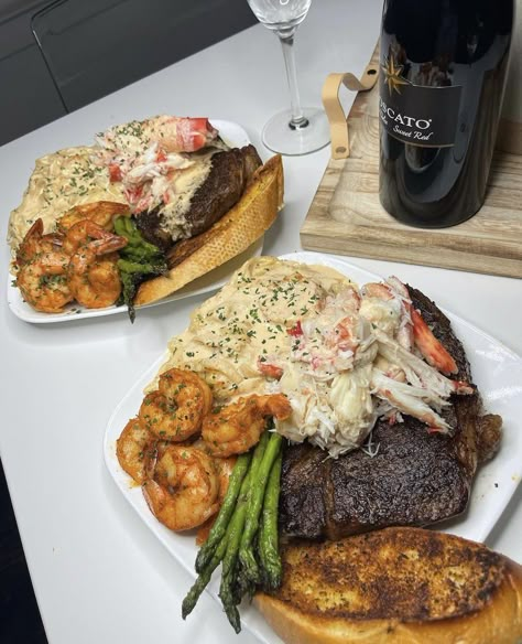 Shrimp Dinner Aesthetic, Private Dinner Party Table Settings, Crab And Steak Dinner, Steak And Shrimp Burrito, Steak And Shrimp Dinner Ideas, Steak And Shrimp Dinner, Steak And Shrimp Recipes, Food Cravings Dinner, Food Craving Chart