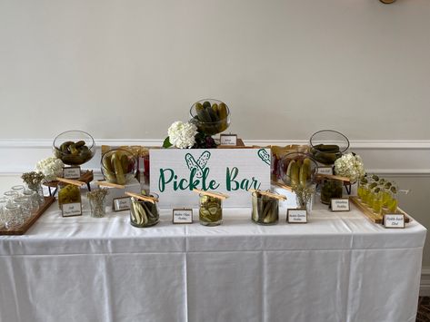 Pickle Wedding Bar, Pickle Bar Wedding Party Ideas, Pickles At Wedding, Pickle Table Wedding, Pickle Tasting Party, Pickle Bar At Wedding, Wedding Pickle Bar Ideas, Pickle Bar Graduation, Pickle Baby Shower Ideas