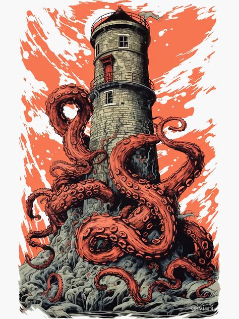 "lighthouse vintage paint - retro octopus" Sticker for Sale by gaviani | Redbubble Ink Reference, Octopus Pictures, Octopus Skull, Octopus Sticker, Octopus Illustration, Octopus Painting, Octopus Tattoo Design, Vintage Octopus, Cool Shirt Designs