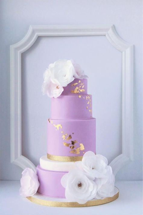 wafer paper flowers made simple by the cake outfitter Lavender And Gold Wedding, Cake Gold Leaf, Wedding Cake Gold Leaf, Wedding Cakes Lilac, Wedding Cake Gold, Lavender Wedding Cake, Lavender Cake, Wafer Paper Flowers, Purple Wedding Cakes