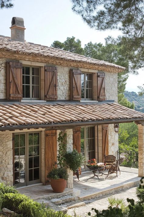 French Country Fence Ideas, Rustic French Country House Exterior, French Cottage Exterior Paint Colors, French Ranch House, Italian Cottage Exterior, Modern French Country Interior, French Chalet Interiors, French Cottage House Exterior, Stone Houses Rustic