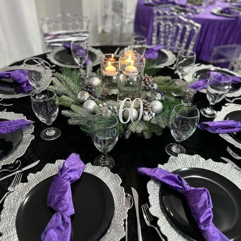 Black, Silver, and Purple never fail to make a perfect color combination to bring out the elegance of any event. 💎 @_kreationsbymonet created an exquisite masterpiece. 👌⁣ Thank you for sharing your creation!⁠ ⁠⁠⁠✨⁠ ⁠ Use #cvlinens or tag us in your event posts for a chance to be featured!⁠ #adultbirthday #adultbirthdayparty #tablescape #tablescapestyling #tablescapedesign #eventplanner #partyplanner #eventdecor #luxury #eventstyling #eventstylist #chargerplates #centerpieceideas #60thbirthd... Black Silver And Purple Party, All Black Party, Purple And Silver Wedding, Black Tablecloth, Simple Wedding Decorations, Wedding Decorations On A Budget, Special Events Decor, 90's Birthday Party, 2024 Ideas