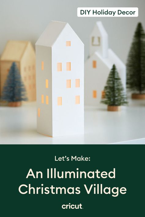 If you love the look of Christmas villages, you have to try this DIY paper Christmas village craft! Created an illuminated Christmas village and get into the holiday cheer. Find the full project instructions on our Design Space platform. Paper Christmas Village, Christmas Village Scene, Advent Crafts, Dinner Table Centerpieces, Diy Christmas Village, 3d House, Village Scene, Christmas Brunch, Diy Holiday Decor