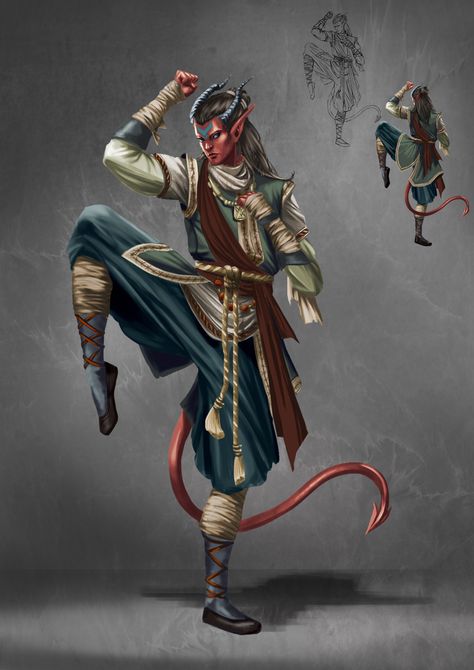 Tiefling - DnD Folk / Kin / Races #DungeonCrawling #DnD #Tiefling #DnDRaces #Character #Inspiration #Magic #Fantasy #JRusso Pathfinder Monk, Tiefling Monk, Punch Someone, Monk Dnd, Dnd Tiefling, Illustration Fantasy, Pathfinder Character, Fantasy Races, Dungeons And Dragons Characters