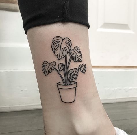 Simple Whimsical Tattoo, Monstera Tatoos, Cute Filler Tattoos, Potted Plant Tattoo, Plant Tattoos For Women, Monstera Plant Tattoo, Houseplant Tattoo, Monstera Tattoo, Aa Tattoos