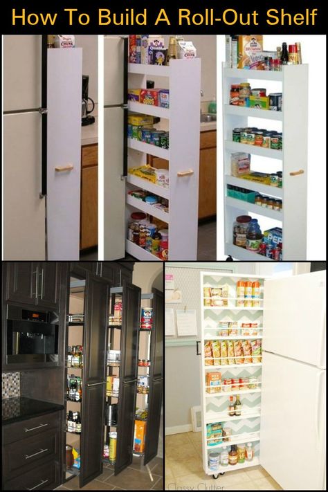 Roll Out Pantry By Fridge, Slide Out Pantry Diy, Rolling Shelves Kitchen, Rolling Spice Rack By Fridge, Pop Out Pantry, Roll Out Pantry Organization, Rolling Pantry Next To Fridge, Roll Out Pantry Shelves, Roll Out Pantry