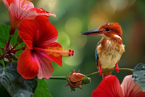 African Pygmy Kingfisher Perched Near Hibiscus Flowers Background Nature African Pygmy Kingfisher, Seasonal Backgrounds, Background Nature, Flowers Background, Tree Saw, Cityscape Photos, Explore Nature, Nature Backgrounds, Kingfisher