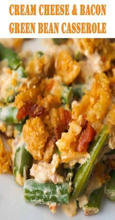 Cream Cheese and Bacon Green Bean Casserole is an easy side dish recipe perfect for Thanksgiving or Christmas. This creamy green bean casserole is loaded with real bacon bits and topped with Ritz Crackers and French's Fried Onions. #casserolerecipe #greenbeancasserole #bacon #casserole #thanksgiving #christmas Bacon Green Bean Casserole, Cheese Green Beans, Creamy Green Bean Casserole, Thanksgiving Side Dishes Crockpot, Green Bean Casserole Bacon, Green Casserole, Thanksgiving Recipes Side Dishes Veggies, Creamy Green Beans, Green Bean Casserole Easy