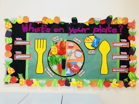 Food Pyramid Bulletin Board, Healthy And Junk Food Bulletin Board, Nutrition Board Ideas, Food Theme Board Ideas For Preschool, Food And Nutrition Project Ideas, Nutrition Bulletin Board Ideas, Healthy Bulletin Board Ideas, Vegetable Bulletin Board, Cafeteria Bulletin Board Ideas