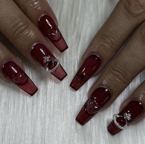 Older Nail Designs, Red Ombre Square Nails, Prom Nails Dark Red, Red Gel X Nail Designs, Burgundy Nails With Gems, Dark Red Nails With Charms, Red Emo Nails, Chinese Red Nails, Dark Red Acrylic Nails Design