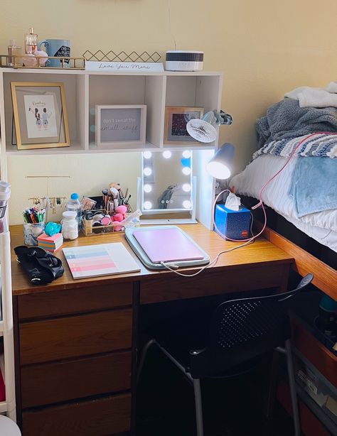 dorm room, dorm room idea, dorm room designs, dorm room decor, dorm decoration, dorm organizational hacks, dorm decor, dorm ideas, dorm  room inspiration, dorm ideas, dorm essentials, college dorm room ideas, college apartment decor, dorm desk, desk organization, desk ideas, desk setup, desk, desk aesthetic, desktop wallpaper, desktop wallpaper, college room, college room decoration, college apartment decor, college dorm room ideas, college dorm room ideas aesthetic, college dorm checklist Desk College Ideas, Dorm Desk Topper, College Desk Vanity, Dorm Drawer Organization, Desk Setup College, Dorm Desk Vanity, College Student Desk Setup, Realistic College Dorm, College Dorm Vanity