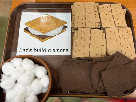 Diy Smores Pretend Play, The Great Outdoors Theme Preschool Art, Build A Smores Craft, Camping Provocation, Camping Theme Art Preschool, S'more Activities For Preschoolers, Campfire Dramatic Play Preschool, Camping Table Activities Preschool, Nature Dramatic Play Preschool