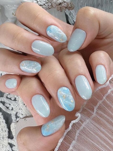 Light Blue Bridal Nails, Light Blue Nail Designs 2024, Sky Blue Gel Nails, Light Blue Wedding Nails, Light Summer Nails, Nail Art Baby Blue, Uñas Baby Blue, Korean Summer Nails, Nail Art Light Blue