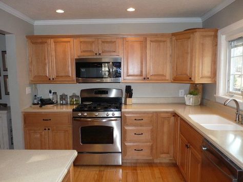 example of honey maple cabinets with Benjamin Moore Revere Pewter ... Honey Oak Cabinets, Trendy Kitchen Colors, Maple Kitchen Cabinets, Painting Oak Cabinets, Maple Kitchen, Herringbone Backsplash, Oak Kitchen Cabinets, Maple Cabinets, Revere Pewter