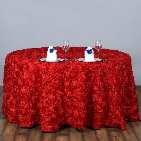 Rosette Tablecloth, Satin Ribbon Roses, Wedding Tablecloths, Table Overlays, Chair Sashes, 3d Rose, Table Skirt, Mantel Redondo, Red Table