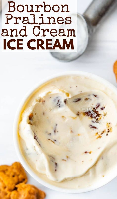 This is the ultimate pralines and cream ice cream recipe. It's real, legit, churned ice cream, flavored with Kentucky bourbon, crunchy toasted pecans and Southern brown sugar pecan pralines. It's my husband's favorite flavor and if you love bourbon and pecans, you'll love it too. Praline Ice Cream Recipe, Pecan Praline Whiskey Drink Recipes, Pralines And Cream Fudge, Homemade Pralines And Cream Ice Cream, Bourbon Ice Cream Recipes, No Churn Pralines And Cream Ice Cream, Pecan Praline Ice Cream Recipe, Praline Ice Cream, Bourbon Ice Cream