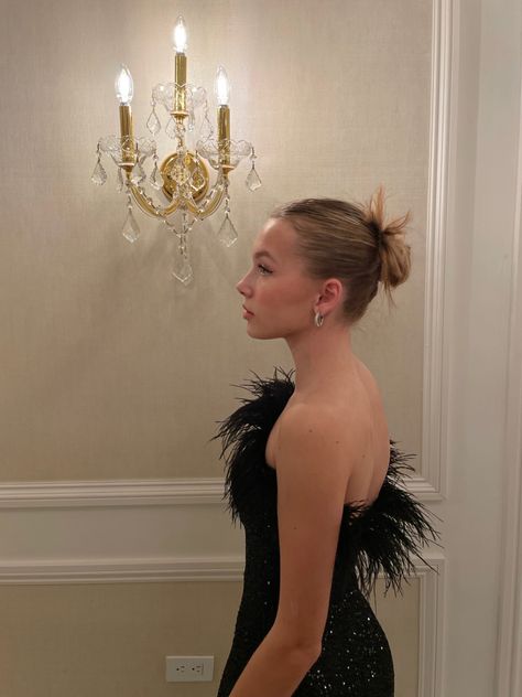 Long Black Dress Feathers, Feather Dresses 2023, Sequined Feather Dress, Strapless Feather Dress, Long Black Dress With Feathers, Black Feather Dress Outfit, Black Prom Dress With Feathers, Black Feather Prom Dress, Feather Top Dress