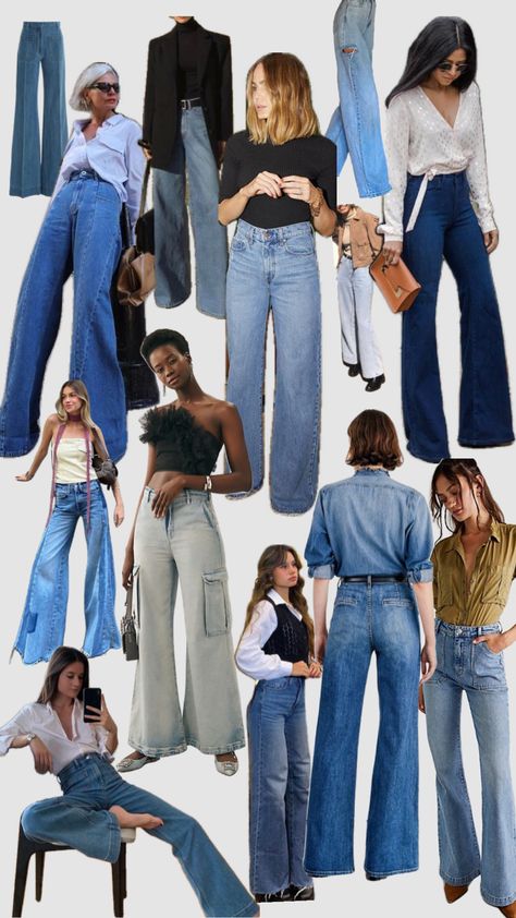 Fall 2023 wide leg and flare leg denim trends #denim #denimoutfit #jeans #jeansoutfit Denim Jeans 2023 Trends, Wide Leg Jeans Outfit Fall 2023, Fall 2023 Denim Trends, Denim Trends 2023, Wide Leg Denim Outfit, Wide Leg Jeans Outfit Fall, Wide Leg Jeans Outfit Ideas, Trends Fall 2023, Wide Leg Jeans Outfit Summer