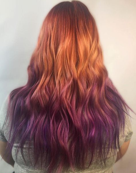 Copper To Purple Ombre Hair Peekaboo Hair Color Auburn, Lavender Ombre Hair, Halloween Hair Color Ideas, Halloween Hair Color, Lavender Hair Ombre, Red Purple Hair, Lavender Ombre, Brown Ombre Hair Color, Bang Hair