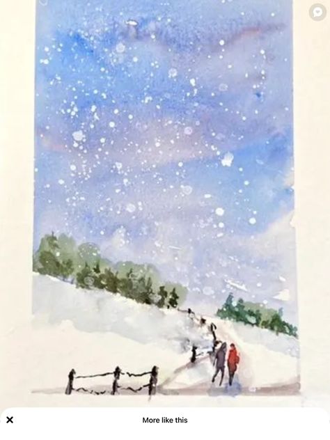 Winter Scene Watercolor Paintings, Watercolor Art Inspiration Ideas, Painted Winter Scenes, Winter Scenes Paintings, New Year Watercolor Cards, Winter Watercolor Paintings Easy, Winter Watercolor Cards, Watercolor Snow Scenes, Watercolor Winter Scenes