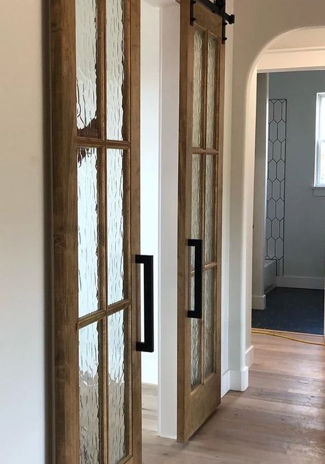 French Barn Door Pantry, Barn Door With Frosted Glass Panels, Double Barn Doors Living Room, Industrial Farmhouse Interior Doors, Glass Panel Barn Door, Sliding Barn Door Laundry Room, Flemish Glass Door, Classic Barn Door, French Barn Door