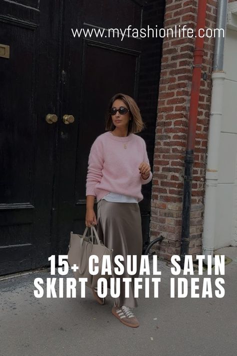 Sweatshirt And Satin Skirt Outfit, Silk Skirt Office Outfit, How To Style Satin Midi Skirt, Sweater And Silk Skirt Outfit, Pencil Skirt Sweater Outfit, How To Wear A Slip Skirt, Gray Satin Skirt Outfit, How To Style A Satin Midi Skirt, How To Wear A Satin Skirt