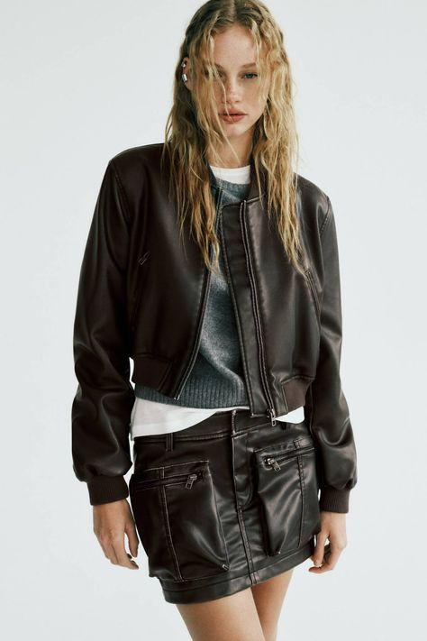 Grey Leather Jacket, Moto Biker Jacket, Biker Jackets, Cropped Leather Jacket, Cuffed Jeans, Denim Trends, Zara Jackets, Straight Leg Pants, Long Tops