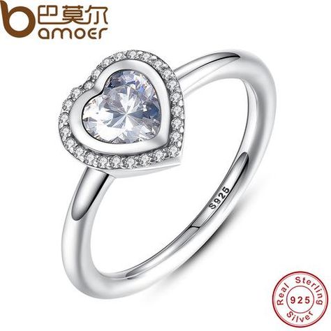 [EBay] Bamoer Spring Collection 925 Sterling Silver Sparkling Love Heart Ring Women Jewelry Saint Valentine'S Day Gift Pa7135 Heart Halo Ring, Love Heart Ring, Heart Wedding Rings, Silver Heart Ring, Womens Engagement Rings, Wedding Rings For Women, Womens Jewelry Rings, Silver Heart, San Valentino