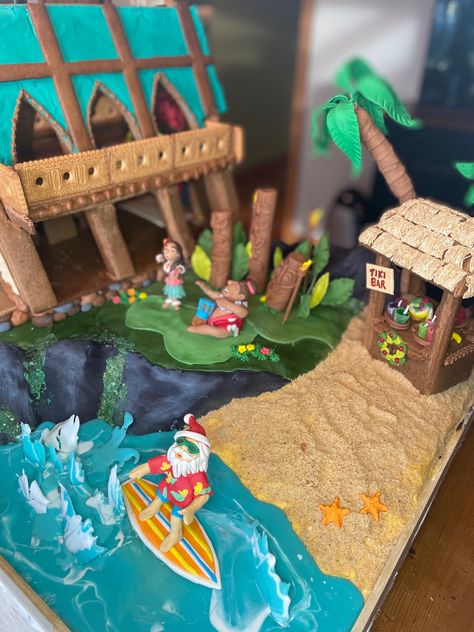 Tiki Gingerbread House, Hawaiian Gingerbread House, Gingerbread Contest, Homemade Gingerbread House, Gingerbread Ideas, House Entry, Lake Party, Homemade Gingerbread, Gingerbread House Designs