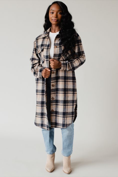 This plaid long shacket screams fall! Wear this darling tan and navy long flannel to the pumpkin patch for an Instagram worthy outfit! Neutral Shacket, Neutral Flannel, Long Shacket, Long Flannel, Pumpkin Patch Outfit, Knitted Hats Kids, Knit Hat For Men, Tan Plaid, Blouse Tank Top