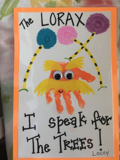 The Lorax Crafts For Toddlers, Lorax Crafts For Toddlers, Dr Seuss The Lorax Crafts, Dr Suess Handprint Art, The Lorax Activities Preschool, Lorax Activities Preschool, Dr Suess Activities For Kids, Dr Suess Infant Art, Dr Seuss Handprint Crafts