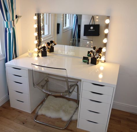 My Makeup Table . Alex Drawers from IKEA. Separate table top from IKEA. Bathroom Lights From IKEA & CHAIR FROM IKEA 🖤 #pinterestuk #makeuproom #makeuptable #closet #closetideas #room Ikea Alex Drawers, Drawer Set, Alex Drawer, Table Makeup, Ikea Bedroom, Makeup Room Decor, Bedroom Vanity, Makeup Rooms, Teenage Bedroom