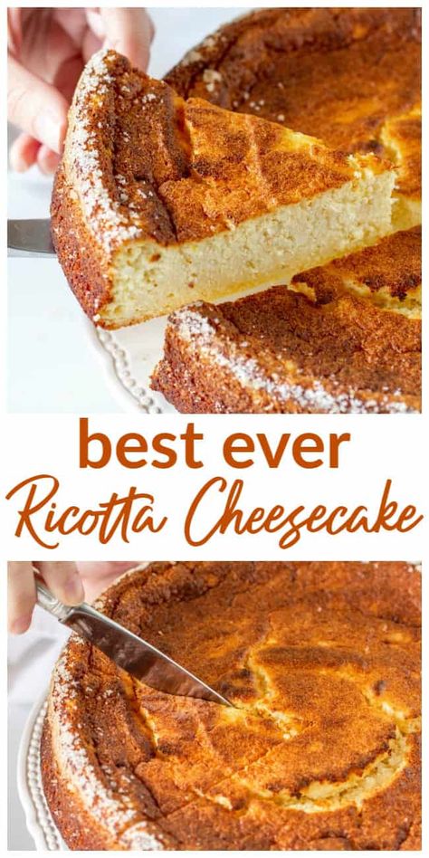 My absolute favorite Baked Ricotta Cheesecake! It is incredibly easy to make, very versatile with the flavoring - lemon, orange, vanilla - and lasts for days. #ricotta #cheesecake #cake #cheese #dessert Ricotta Cheese Pies, Ricotta Cheese Recipes Dessert Low Carb, Easy Ricotta Cake, Easy Ricotta Cheesecake Recipes, Baked Ricotta Dessert, Cheesecake With Ricotta And Cream Cheese, Cheesecake With Ricotta Cheese, Italian Cheesecake Recipes Ricotta, Italian Ricotta Cheesecake Authentic