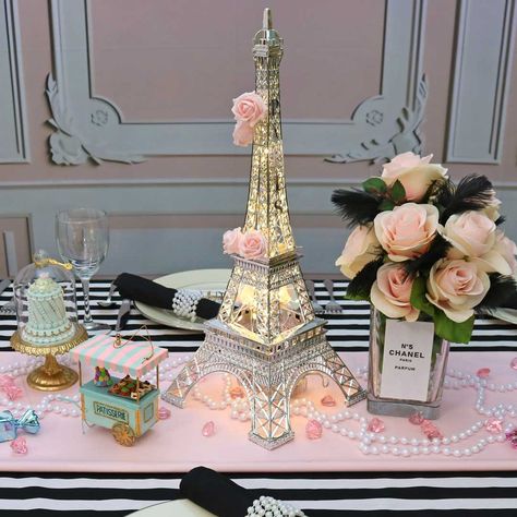 Paris Eiffel Tower Centerpiece Paris Themed Tablescapes, Parisian Party Decor, Paris Balloon Arch, Emily In Paris Theme, Parisian Tablescape, Paris Quinceanera Theme Decorations, Spring Time In Paris Theme Ideas, Paris Centerpiece Ideas, Paris Theme Quinceanera