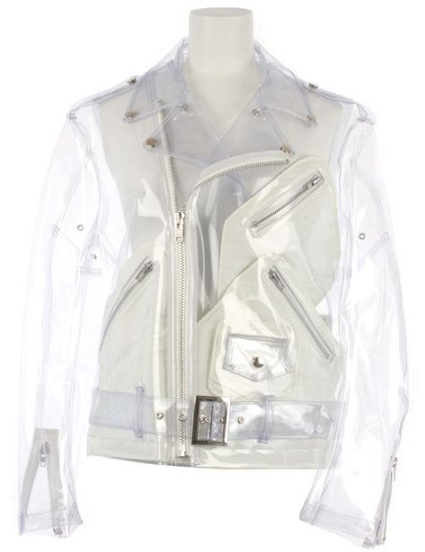 Transparent vinyl jacket made in the style of a 60s leather jacket. Weird Fashion Trending, Riders Jacket, Weird Fashion, Steam Punk, Designer Wear, Moto Jacket, Clear Plastic, Biker Jacket, Superman