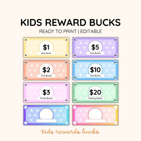 Reward Bucks for Kids Printable Play Money Editable Allowance Money Mom Bucks Pretend Play Chore Bucks Grocery Good Behaviour Reward System Reward bucks is a great way for kids to learn how to set goals, save and earn money.  💡use as a pretend play money system 💡reward good behaviours and responsibility 💡learn financial literacy The special edition is editable so you can set up special goals with your kids, and reward them with their special achievements, for example the Christmas gift allowa Kids Reward Bucks, Mom Bucks, Reward Bucks, Printable Play Money, Reward System For Kids, Money System, Money Template, Behavior Rewards, Homeschool Preschool Activities