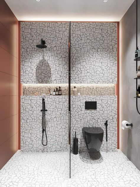 #art #bedroomdecor #homedesign #walldecor #shabbychic #bath Terracotta Apartment, Bathroom Black Fixtures, Luxury Design Print, Red Ceiling, Black Fixtures, Red Dining Room, Public Bathrooms, Bathroom Red, Apartment Projects