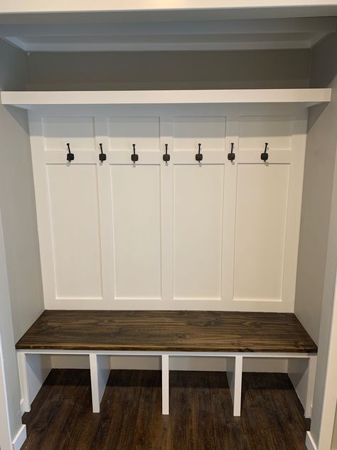 Closet Turned Into Cubbies, Front Closet Cubbies, Entryway Closet Design, Easy Mud Room Diy, Hall Tree Closet, Front Closet Bench, 4 Cubby Mudroom, Mud Room Hooks And Shelf, Diy Mud Bench