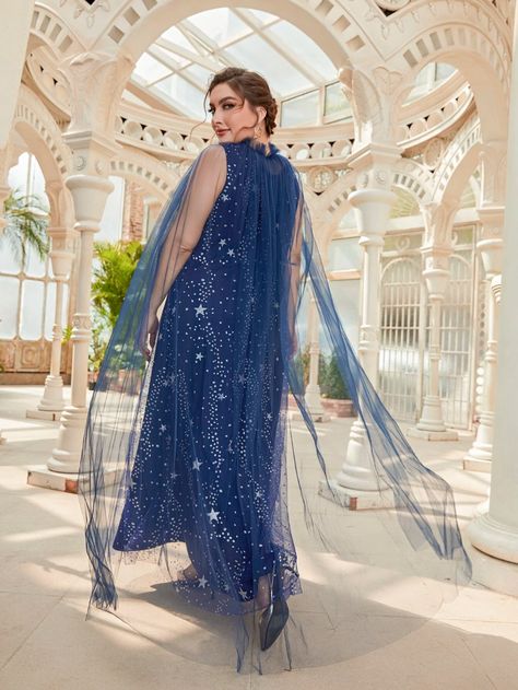 Plus Galaxy Print Mesh Overlay Formal Dress With Cape | SHEIN EUR Formal Dress With Cape, Dress With Cape, Galaxy Print, Mesh Overlay, Cape Dress, Cloak, Formal Dress, Blue Dress, Mesh Fabric