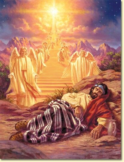 Genesis 28:10-22 Jacob left Beersheba and set out for Haran. When he reached a certain place, he stopped for the night because the sun had set. Taking one of the stones there, he put it under his head and lay down to sleep. He had a dream in which he saw a stairway resting on the earth, with its top reaching to heaven,  and the angels of God were ascending and descending on it. There above it stood the Lord, and he said: " I am the Lord, the God of your father Abraham and the God of Isaac. I wil Jacob's Ladder, Bible Images, Bible Illustrations, Bible Characters, Prophetic Art, Bible Pictures, Pictures Of Jesus Christ, Ayat Alkitab, Christian Pictures