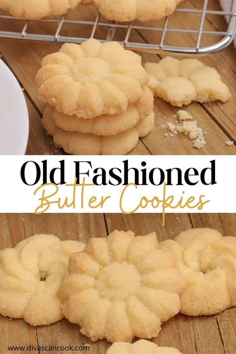 Buttery, crispy, melt-in-your-mouth goodness! Nothing like old-fashioned butter cookies! Betcha can’t eat just one! Crisco Shortening Cookies, How To Make Butter Cookies Recipes, Crisco Butter Cookies, Old School Butter Cookies, Assorted Cookies Recipe, Vanilla Butter Cookies Recipe, Old Fashion Cookie Recipes Grandmothers, Shirt Bread Cookies Recipe, Amish Butter Cookies