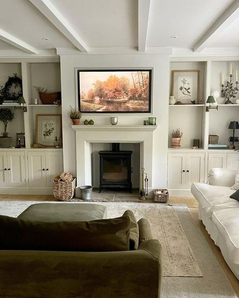 Cottage Living Room Tv, Media Wall With Fireplace And Tv, Hallway Landing, Alcove Ideas Living Room, Grey Weather, Cottage House Interior, Have A Great Saturday, American Living Room, Cottage Fireplace