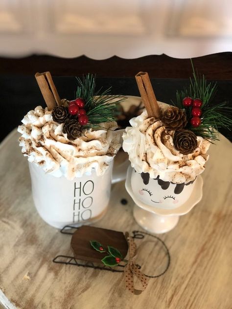 Mug Toppers, Peppermint Cocoa, Fake Food Props, Peppermint Hot Cocoa, Fall Candy, Fake Cupcakes, Tiered Tray Diy, Chocolate Design, Fresh Christmas Trees