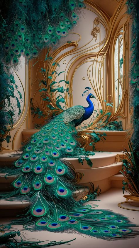 Immerse yourself in luxury with our captivating peacock-themed wallpaper. Inspired by Art Nouveau, it features vibrant feathers and lush tropical flora, creating a serene yet dramatic ambiance. Experience exotic allure and tranquility in your modern space. Perfect for home decor enthusiasts! #PeacockWallpaper #ArtNouveau #InteriorDesign #HomeDecor #LuxuryLiving Peacock Aesthetic, Vastu Painting, Escape Art, Peacock Artwork, Nouveau Wallpaper, Art Nouveau Wallpaper, Peacock Drawing, Peacock Images, Peacock Costume