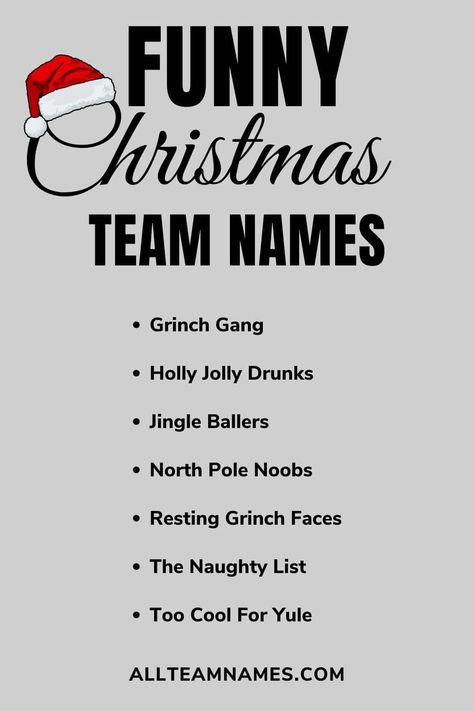 funny Christmas team names list Christmas Group Chat Names, Group Chat Names For 4 Friends, Christmas Team Names, Beer Pong Team Names, Gc Names, Cornhole Team Names, Team Names Funny, Volleyball Team Names, Group Chat Names