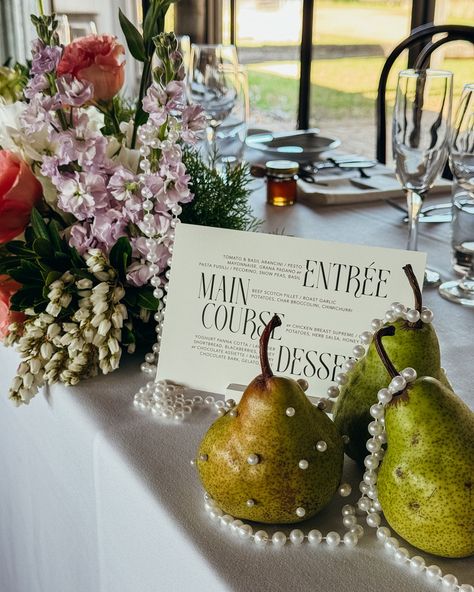 pearly fruit & springy blooms, always a good idea 🍐 Amy & Nathan at @belgennyfarmevents styling, floral, stationery by us @freshcreativestyling #weddingstyling #camdennsw #camdenflorist #weddingflowers #weddinginspiration #southernhighlandswedding #pearlyfruit #pearls #bowralwedding #weddingstylingsydney #sydneyweddingstylist Wedding Centerpieces With Fruit, Wedding Fruit Decor, Garlic Roasted Potatoes, Fruit Wedding, Highland Wedding, Garlic Potatoes, Spring Wedding Decorations, Floral Stationery, Wedding Stylist